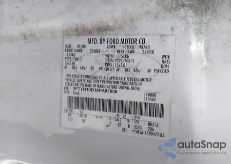 2008 Ford Ranger Xl/Xlt z USA, uszkodzony, nr VIN 1FTYR10D18PA81806